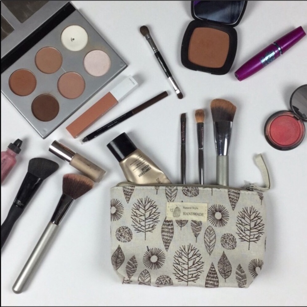 Canvas Makeup Bag Cosmetic Pouch Botanical Leaf Print Travel Organizer
